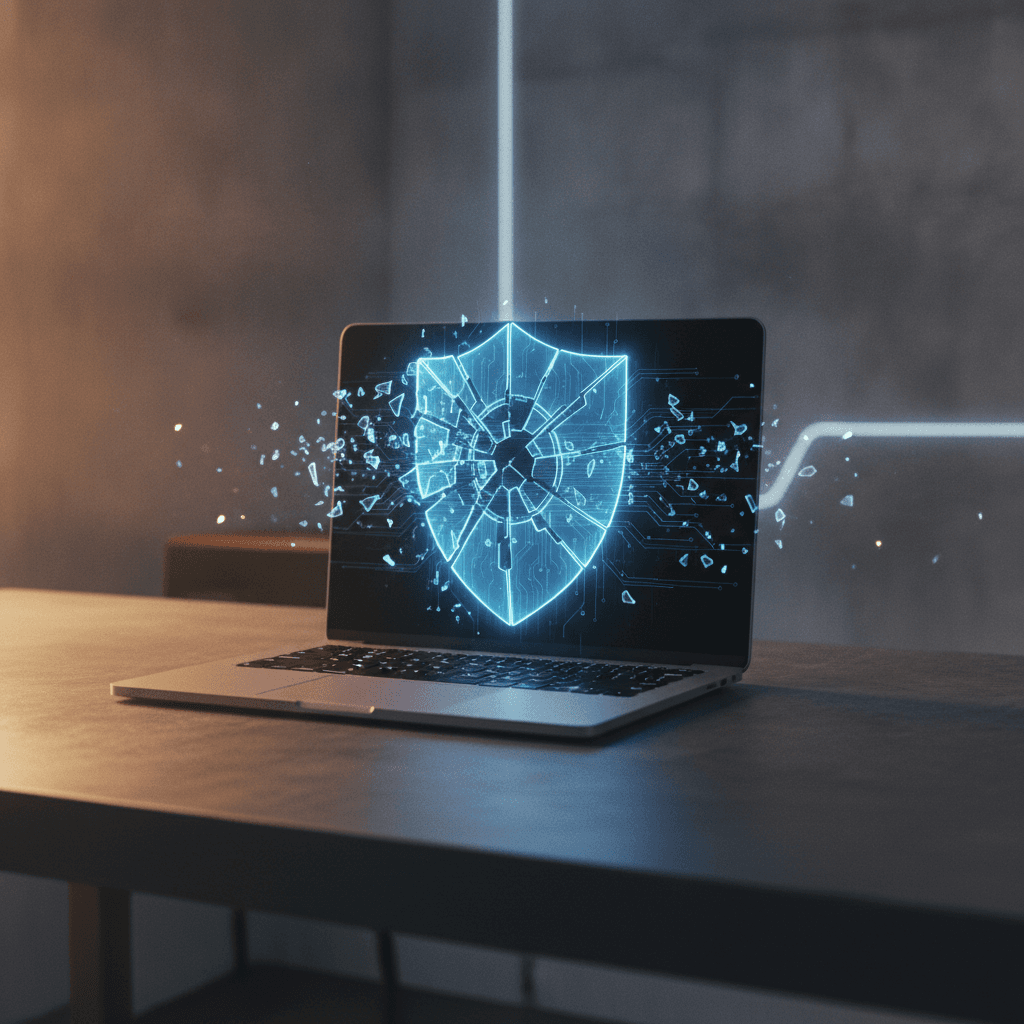 Um MacBook Pro aberto em uma mesa de escritório moderna, com uma luz azul futurista emanando da tela, simbolizando segurança e vulnerabilidade digital.